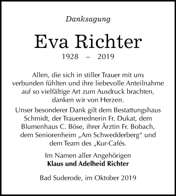 Traueranzeige von Eva Richter von Super Sonntag Quedlinburg