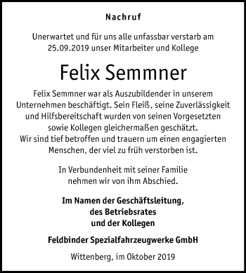 Traueranzeige von Felix Semmner von Mitteldeutsche Zeitung Wittenberg