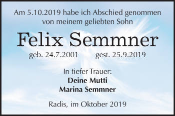 Traueranzeige von Felix Semmner von Mitteldeutsche Zeitung Wittenberg