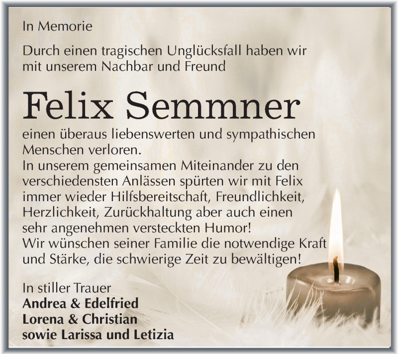  Traueranzeige für Felix Semmner vom 05.10.2019 aus Mitteldeutsche Zeitung Wittenberg