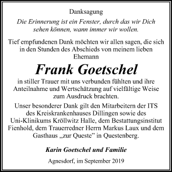 Traueranzeige von Frank Goetschel von Super Sonntag Sangerhausen