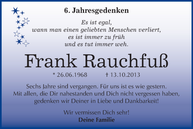  Traueranzeige für Frank Rauchfuß vom 12.10.2019 aus Super Sonntag Merseburg/Querfurt