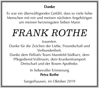 Traueranzeige von Frank Rothe von Super Sonntag Sangerhausen