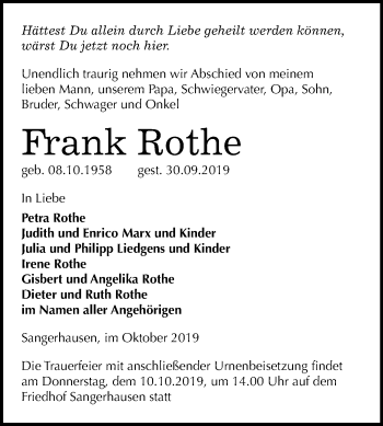 Traueranzeige von Frank Rothe von Super Sonntag Sangerhausen