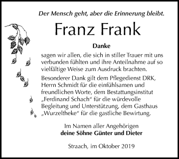 Traueranzeige von Franz Frank von Mitteldeutsche Zeitung Wittenberg
