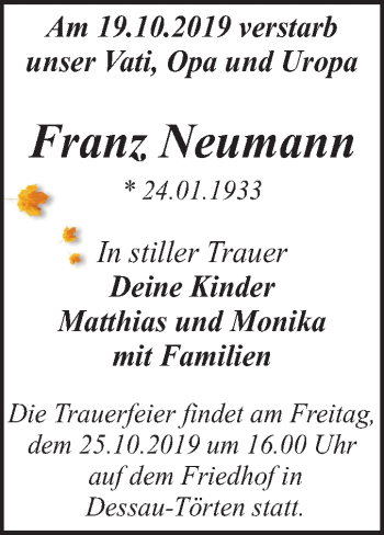 Traueranzeige von Franz Neumann von Mitteldeutsche Zeitung Dessau-Roßlau