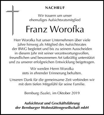 Traueranzeige von Franz Worofka von Super Sonntag Bernburg