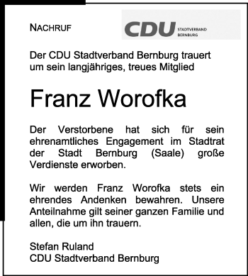 Traueranzeige von Franz Worofka von Super Sonntag Bernburg