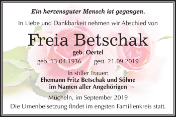 Traueranzeige von Freia Betschak von Wochenspiegel Merseburg/Querfurt