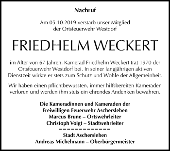 Traueranzeige von Freidhelm Weckert von Wochenspiegel Aschersleben