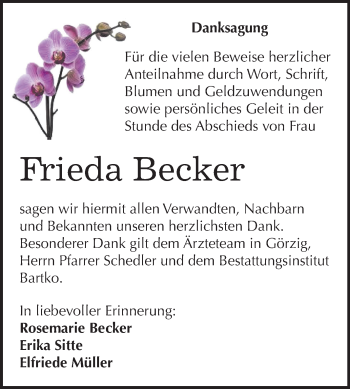 Traueranzeige von Frieda Becker von Mitteldeutsche Zeitung Köthen