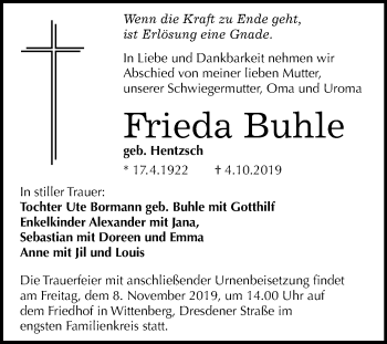 Traueranzeige von Frieda Buhle von Mitteldeutsche Zeitung Wittenberg / Quedlinburg