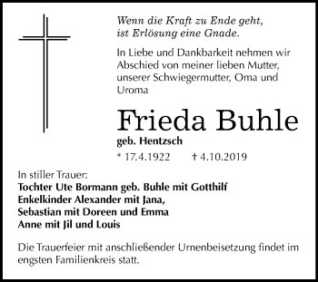 Traueranzeige von Frieda Buhle von Super Sonntag Quedlinburg / Wittenberg