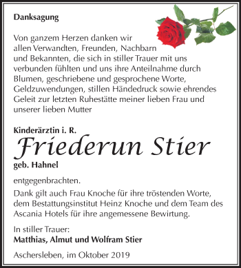 Traueranzeige von Friederun Stier von Super Sonntag Aschersleben
