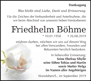 Traueranzeige von Friedhelm Böhme von Wochenspiegel Mansfelder Land