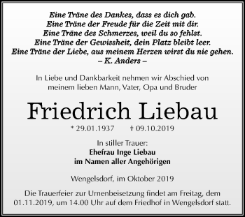 Traueranzeige von Friedrich Liebau von Mitteldeutsche Zeitung Weißenfels