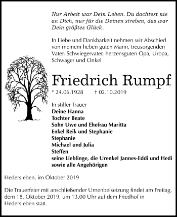 Traueranzeige von Friedrich Rumpf von Super Sonntag Quedlinburg