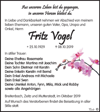 Traueranzeige von Fritz Vogel von Super Sonntag Zeitz