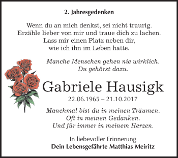Traueranzeige von Gabriele Hausigk von Mitteldeutsche Zeitung Bitterfeld