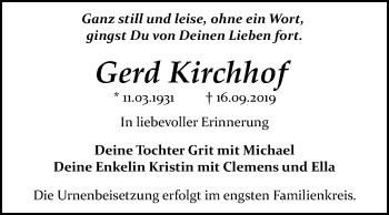 Traueranzeige von Gerd Kirchhof von Mitteldeutsche Zeitung Bitterfeld