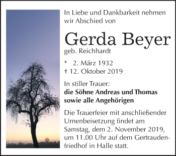Traueranzeige von Gerda Beyer von Mitteldeutsche Zeitung Halle/Saalkreis