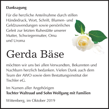 Traueranzeige von Gerda Bäse von Mitteldeutsche Zeitung Wittenberg