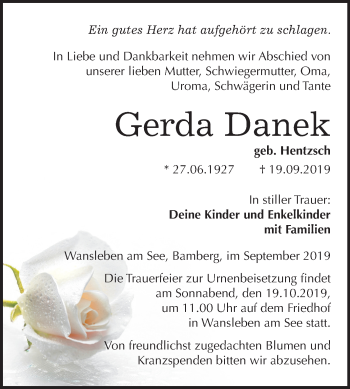 Traueranzeige von Gerda Danek von Wochenspiegel Mansfelder Land
