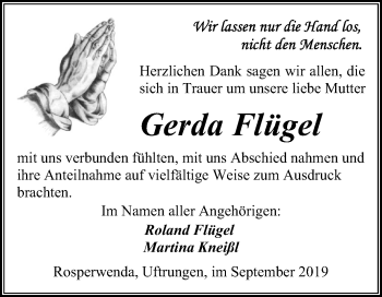 Traueranzeige von Gerda Flügel von Mitteldeutsche Zeitung Sangerhausen