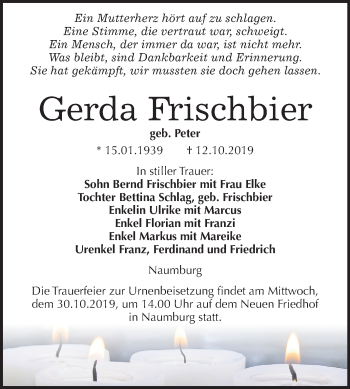 Traueranzeige von Gerda Frischbier von Wochenspiegel Naumburg/Nebra
