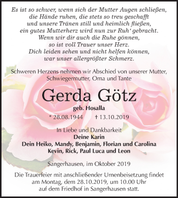 Traueranzeige von Gerda Götz von Super Sonntag Sangerhausen