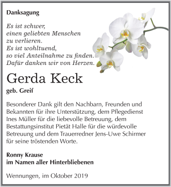 Traueranzeige von Gerda Keck von Mitteldeutsche Zeitung Naumburg/Nebra