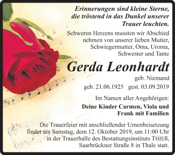 Traueranzeige von Gerda Leonhardt von Mitteldeutsche Zeitung Quedlinburg