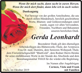 Traueranzeige von Gerda Leonhardt von Mitteldeutsche Zeitung Quedlinburg