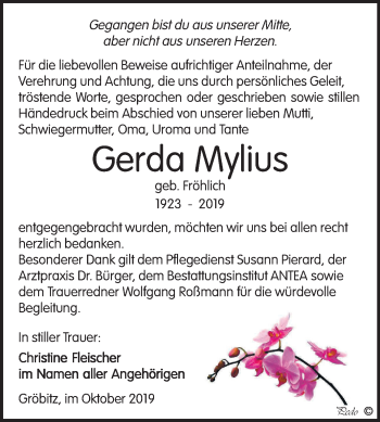Traueranzeige von Gerda Mylius von Wochenspiegel Weißenfels
