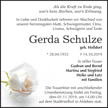 Traueranzeige von Gerda Schulze von Super Sonntag Bernburg