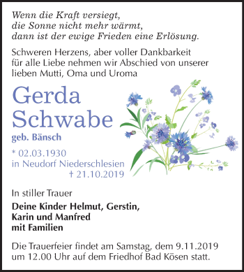 Traueranzeige von Gerda Schwabe von Mitteldeutsche Zeitung Naumburg/Nebra