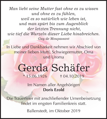 Traueranzeige von Gerda Schäfer von Super Sonntag Quedlinburg