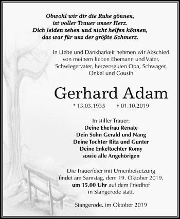 Traueranzeige von Gerhard Adam von Mitteldeutsche Zeitung Mansfelder Land