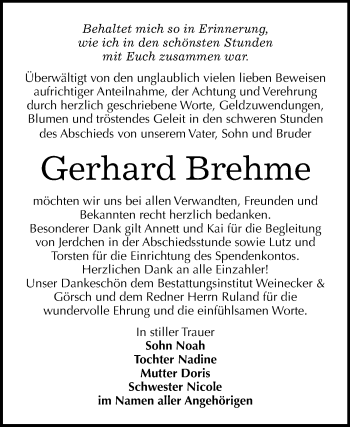 Traueranzeige von Gerhard Brehme von Mitteldeutsche Zeitung Bernburg