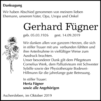 Traueranzeige von Gerhard Fügner von Wochenspiegel Aschersleben