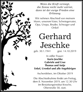 Traueranzeige von Gerhard Jeschke von Mitteldeutsche Zeitung Aschersleben