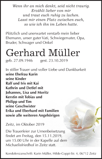 Traueranzeige von Gerhard Müller von Super Sonntag Zeitz