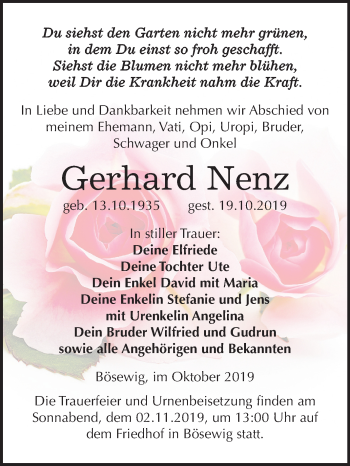 Traueranzeige von Gerhard Nenz von Super Sonntag Wittenberg