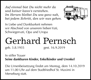 Traueranzeige von Gerhard Pernsch von Mitteldeutsche Zeitung Merseburg/Querfurt