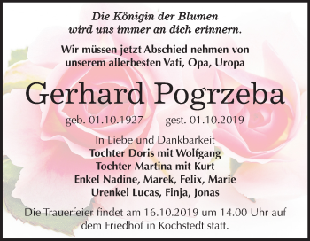 Traueranzeige von Gerhard Pogrzeba von Super Sonntag Dessau-Roßlau