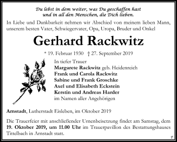 Traueranzeige von Gerhard Rackwitz von Mitteldeutsche Zeitung Mansfelder Land
