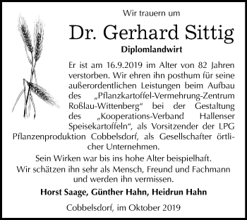 Traueranzeige von Gerhard Sittig von Mitteldeutsche Zeitung Dessau-Roßlau / Wittenberg