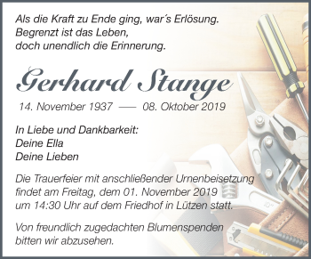 Traueranzeige von Gerhard Stange von Mitteldeutsche Zeitung Weißenfels