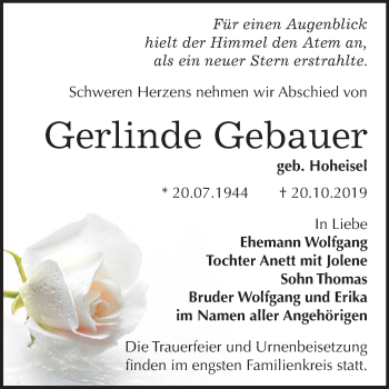 Traueranzeige von Gerlinde Gebauer von Mitteldeutsche Zeitung Bernburg