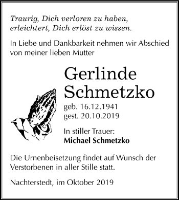 Traueranzeige von Gerlinde Schmetzko von Super Sonntag Aschersleben